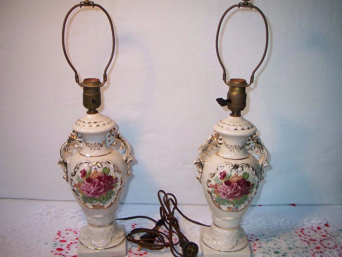 Vintage Lamp Ceramic Pair Roses Vase Urn Shape Victorian Chic Etsy