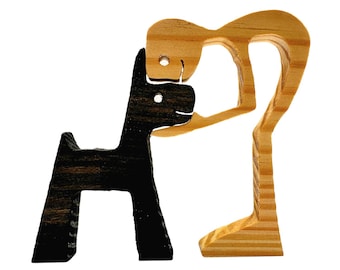 Handcrafted Wooden Dog and Person Figurine