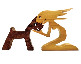 Handcrafted Wooden Dog and Person Figurine