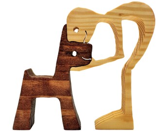 Handcrafted Wooden Dog and Person Figurine