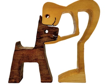Handcrafted Wooden Dog and Person Figurine