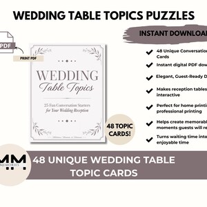 May include: A digital PDF file featuring 48 wedding table topic cards. The main card displays the text WEDDING Table Topics, 25 Fun Conversation Starters for Your Wedding Reception, and decorative leaf accents. The design includes a list of features.