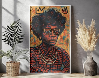 May include: A framed portrait of a person with dark hair, glasses, and a plaid shirt. The artwork features a crown and flame symbol. The color palette includes red, blue, and yellow hues. The portrait is displayed against a gray wall, with a plant and vase in the foreground.