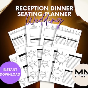 May include: A stack of white wedding seating planner sheets with black text. The sheets include table diagrams and space for guest names. Text on the sheets reads "RECEPTION DINNER SEATING PLANNER Wedding" and "INSTANT DOWNLOAD". A logo for "MM MEMORIES" is also visible.