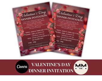 May include: Two Valentine's Day dinner invitations with a burgundy background and floral border. The invitations include the text "Valentine's Day Dinner Invitation" and event details. The Canva and MM Memories logos are also visible.