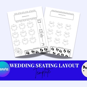 May include: Two white wedding seating layout templates with black line drawings of tables, a dance floor, and a wedding party area. The text "Wedding Seating Layout Template" is displayed on a blue background with the Canva and MM Memories logos.
