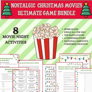 May include: A bundle of Christmas movie night activities. The image features a popcorn bucket, game sheets, and text that reads "Nostalgic Christmas Movies Ultimate Game Bundle." The bundle includes games based on popular holiday films.