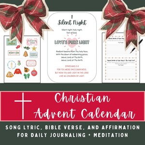 May include: A Christian Advent calendar with a red banner and white text. The calendar includes song lyrics, Bible verses, and affirmations for daily journaling and meditation. Decorative elements include a plaid bow and Christmas-themed stickers.