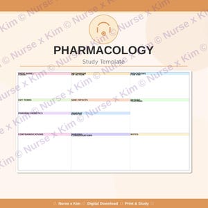 Pode incluir: Um modelo de estudo de farmacologia com fundo branco e títulos de seção coloridos. O título "PHARMACOLOGY" está no topo, com seções para nomes de medicamentos, termos-chave, efeitos colaterais e muito mais. O modelo foi projetado para anotações e estudo.