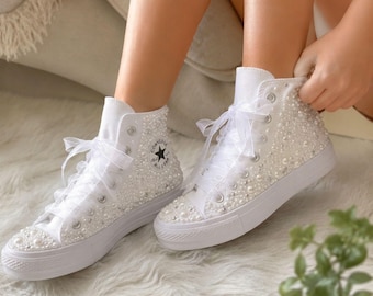 Custom Pearl Rhinestone Converse – Bridal Reception Sneakers, Monogram Wedding Shoes