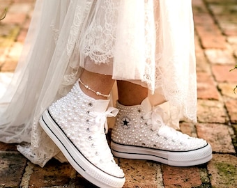 Custom Name Pearl Platform Converse – Bridal Reception Wedding Shoes