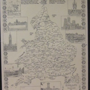 May include: A vintage map of England and Wales, featuring detailed illustrations of landmarks and cities. The map is in black and white, with decorative borders and text. The title "England Wales" is visible.