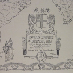 May include: A black and white map of the Indian Empire under British rule circa 1910. The map shows the political divisions of the district with native states denoted. The map is dedicated to the Lords Curzon and Mountbatten. The map is surrounded by a decorative border with a coat of arms at the top.