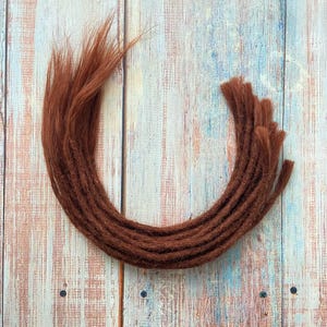 May include: A bundle of brown dreadlocks arranged in a curved shape. The dreadlocks are a rich, reddish-brown color and appear to be made of a textured material. The ends are slightly frayed, and the overall look is natural and textured.