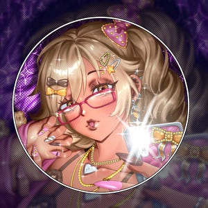 May include: An anime-style digital illustration of a character with light brown hair, wearing pink-rimmed glasses, a gold heart necklace, and hair accessories including a large pink bow. The character holds a phone with a bow-adorned case.