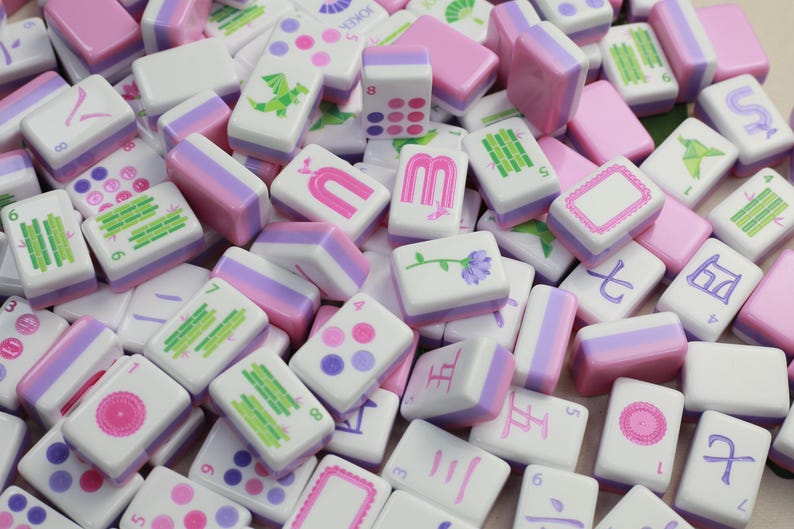 Engraved Mahjong Tile Set, 3-layer, Pink image 1
