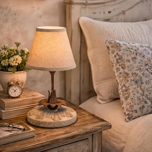 Rustic Small Table Lamp, Farmhouse Bedside Lamp with Linen Shade