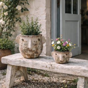 May include: Two weathered, face-shaped ceramic planters sit on a rustic bench. One holds rosemary, the other colorful flowers. The planters have a distressed finish, with ear-like handles and smiling faces, adding a whimsical touch to the garden setting.