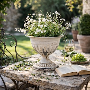 Small French Garden Urn Planter, Distressed Tabletop Pedestal Vase