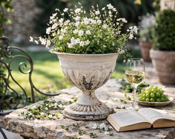 Small French Garden Urn Planter, Distressed Tabletop Pedestal Vase