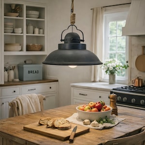 Industrial Black Metal Pendant Light with Rope Hanging, Rustic Farmhouse Ceiling Lamp