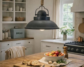 Industrial Black Metal Pendant Light with Rope Hanging, Rustic Farmhouse Ceiling Lamp