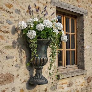 May include: A bronze wall-mounted planter overflowing with white geraniums, lavender, and ivy. The ornate planter is fixed to a stone wall beside a wooden window frame. The flowers are in full bloom, creating a vibrant display.