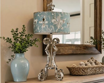 Vintage French Country Table Lamp with Distressed Metal Base