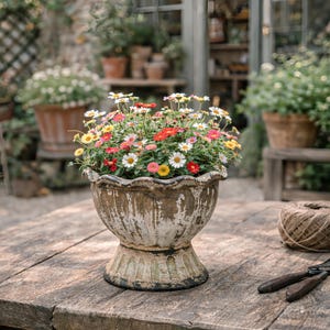 Puede incluir: Una maceta desgastada y ornamentada, de estilo pedestal, llena de margaritas coloridas. Las flores son una mezcla de rojo, amarillo, rosa y blanco. La maceta está sobre una mesa de madera rústica, con herramientas de jardinería y cuerda cerca. La maceta tiene unos 30 cm de diámetro.