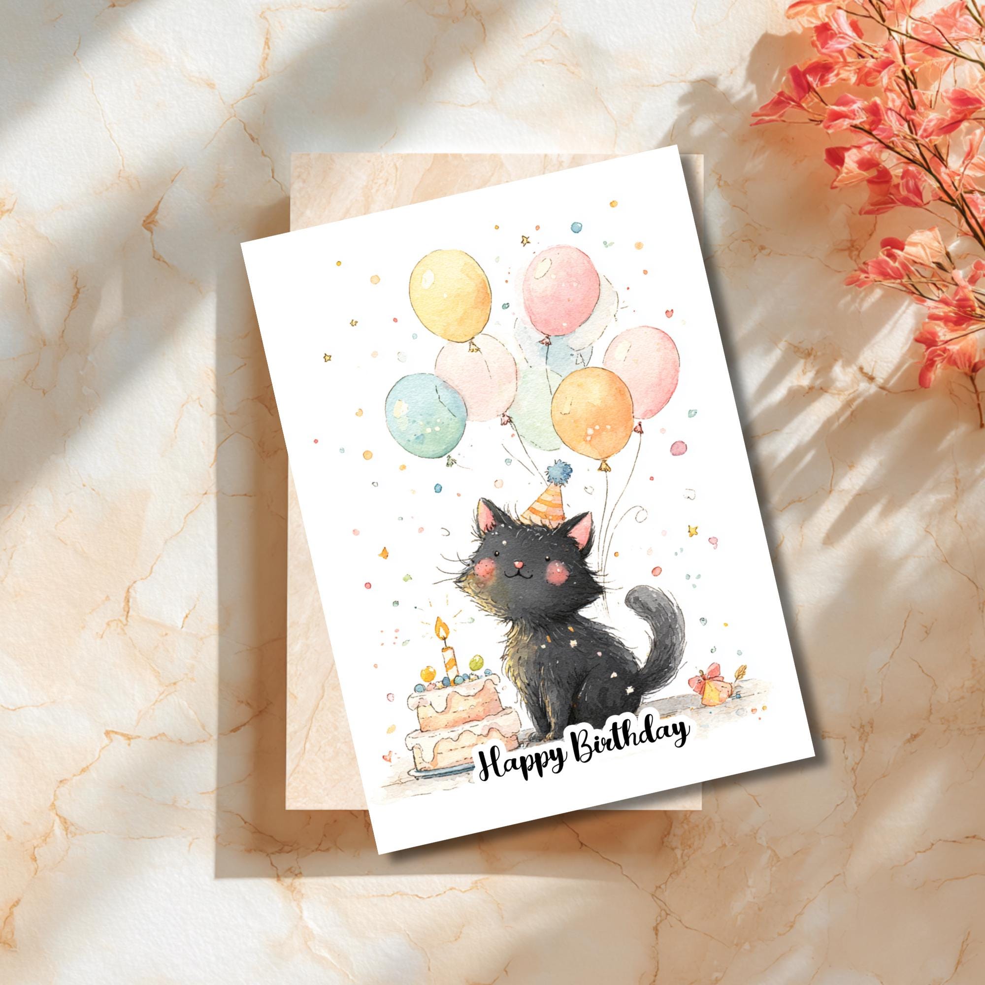 Watercolor Cat Birthday Card Bundle | Party Balloons Illustration ...