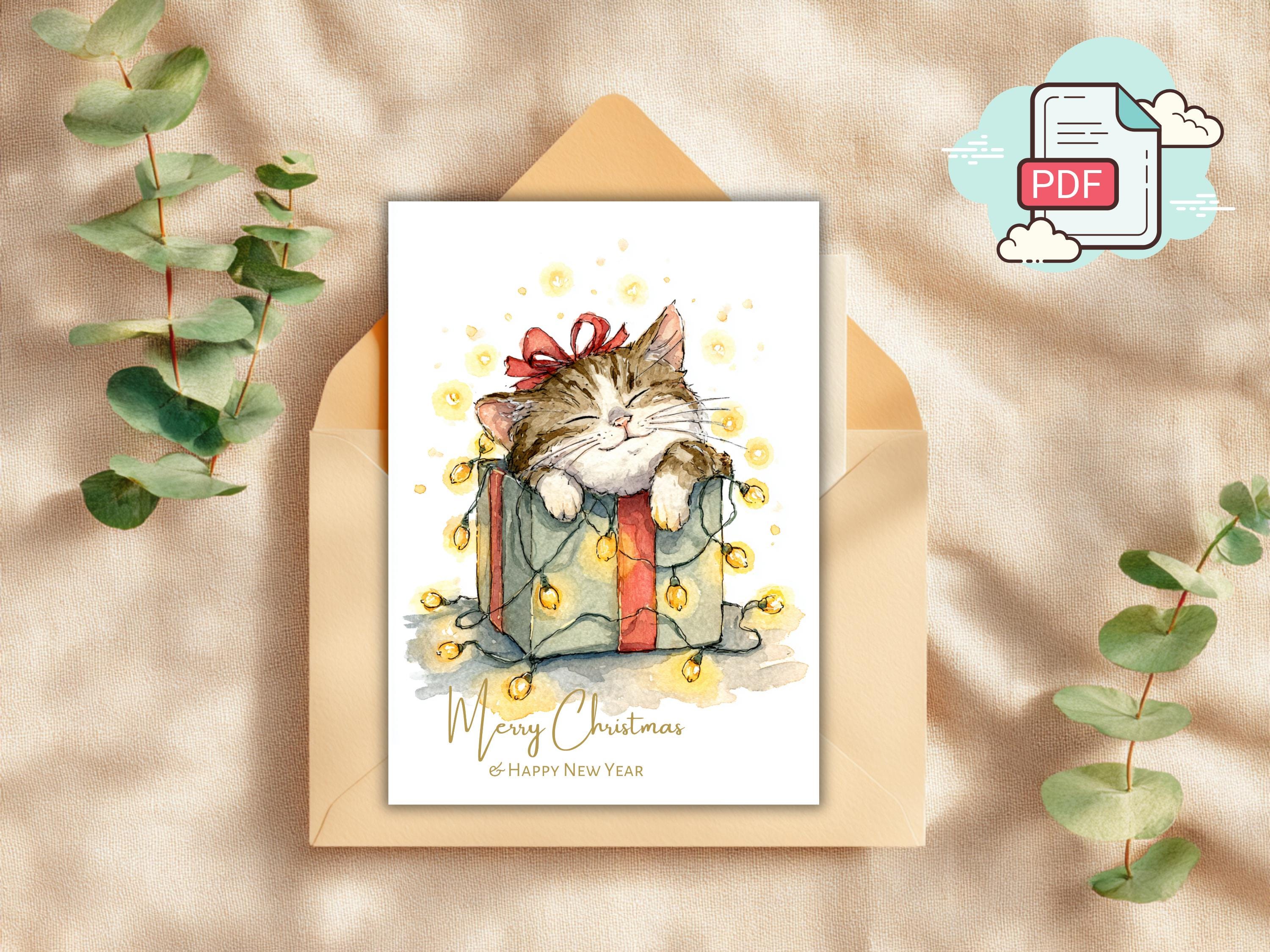 Watercolor Cat Christmas Cards: Festive Pet Holiday Greeting (PDF) - Etsy