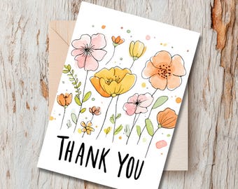 Watercolor Floral Thank You Card | Soft Modern Wildflowers | Printable ...
