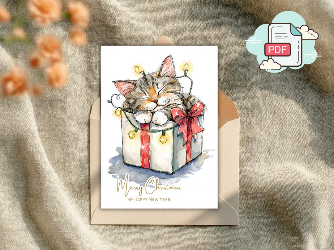 Watercolor Cat Christmas Cards: Festive Pet Holiday Greeting (PDF) - Etsy
