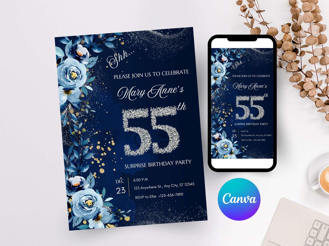 55th Birthday Invitation, Women Milestone Party Editable Canva Template