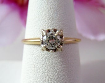Vintage Diamond Engagement Ring, 14K Gold, US Size 7 1/2, 4mm Solitaire Diamond, 0.25 Carat, Fine Wedding Jewelry, April Birthstone