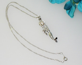 Mermaid Pendant With Caged Pearl On 16 Inch 18KGP Singapore Link Chain, Vintage 2 Inch Pendant, Removable Pearl