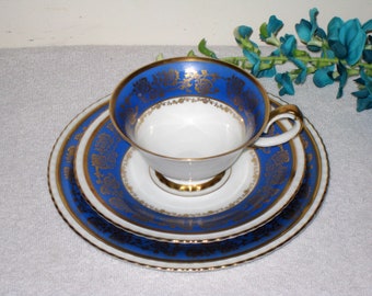 Abt. Paul Müller 3 Pc Set, Antique Hutschenreuther Cup, Saucer, Plate, Selb, Bavaria, Royal Blue, Gold & White, MINT, 1928 to 1943