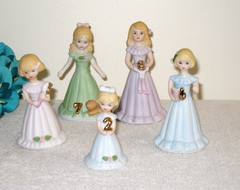 Enesco Birthday Girls Cake Toppers, 1981 Blonde Ceramic Numbered 2, 5, 6, 7 and 8 Figurines, Nostalgic 1980s Keepsake