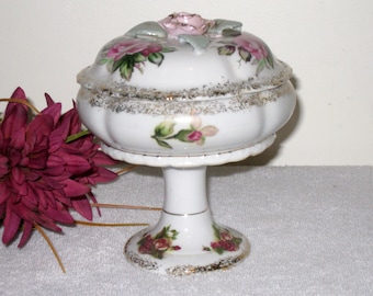 Pedestal Compote Dish For Nuts, Candy or Bon Bons, Pink & Purple Roses On The Lid and Base, Vintage Serving Bowl