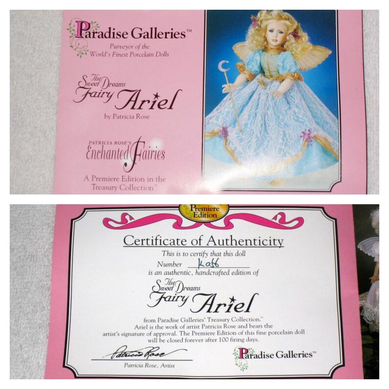 May include: A pink box with the text "Paradise Galleries" and "The Sweet Dreams Fairy Ariel" is shown. A certificate of authenticity for the doll is also visible, with the artist's signature and the text "Premiere Edition".