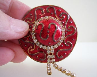 Eisenberg Ice Brooch, Red Enameled Domed Hat With Clear Crystals Band, Vintage Large Pin, Mid Century Quality Jewelry, 1950s