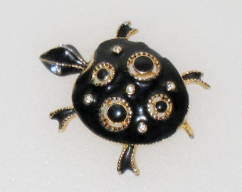 Black Enamel Turtle Brooch With Rhinestones and Gold Accents, Retro Jewelry, 1 7/8" x 1 1/2" x 3/8", Vintage Turtle Lover Gift