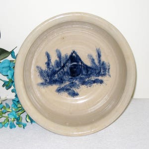 Large Stoneware Mixing Bowl by Paul Storie Pottery Co. of Marshall, Texas, Cobalt Blue Old Barn Art, 9 1/2&quot; X 4&quot;