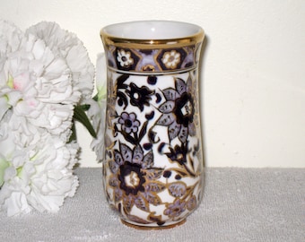 Small IKAROS Handmade Pottery Vase, Rhodes Island Greece, Indigo Flowers, Gold Trim, 4 7/8" Tall, Hand Painted Home Décor