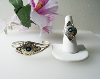 RB Sterling Cuff Bracelet & Ring w/ Sleeping Beauty Turquoise, Vintage Native American Signed Jewelry, Ring Sz 6.5 Boho, Hippie