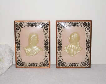 Colonial Couple 3D Profiles In Reverse Painted Convex Bubble Glass & Copper Frames, 5" x 7" Each, Profiles Are Pearlized