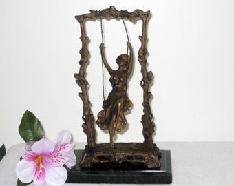 Bronze Art Nouveau "Girl On Swing" Signed Aug. Moreau, Marble Base, 10 1/2" x 6 5/8" x 4 1/8", Antique Lady Figurine, Art Collector Gift