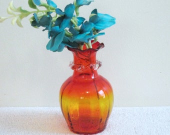 Amberina Bud Vase, Small Handblown Red Orange Glass Vase With Pontil Mark, 4.5 In. H By 2.75 In. W, Excellent Condition