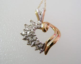 10K Gold Heart Pendant Necklace w/ Real Diamonds by ADL, Yellow & White Gold, 18" Chain, 5/8" By 1/2" Pendant, Fine Jewelry Gift For Women
