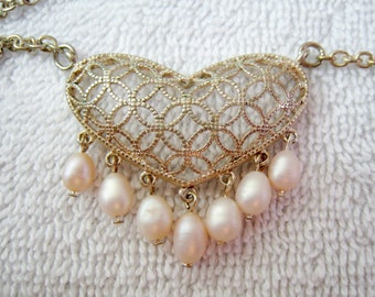 Sterling Filigree Heart & Pink Pearls Necklace, Adjustable 19" To 21", Vintage Dangly Pearls On 1 9/16" Wide 3D Openwork Pendant